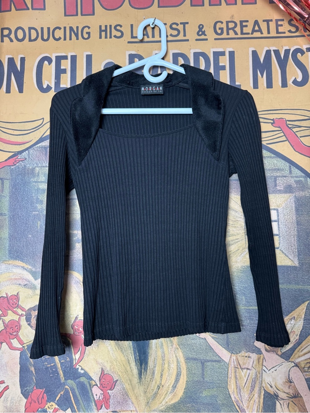 Morgan De Toi Black Ribbed Long Sleeve Top with Velvet Collar